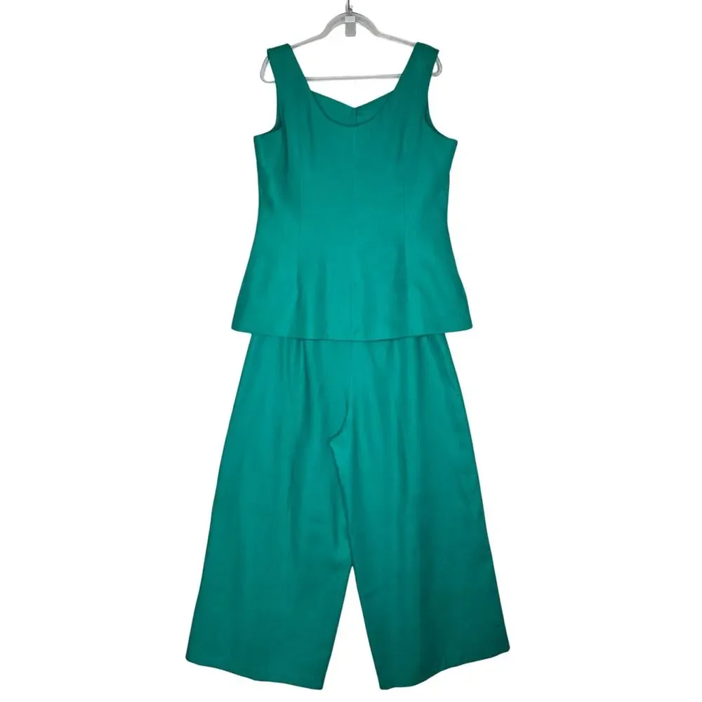 1990s Ronet Turquoise Linen Pant Set USA Women’s XL Plus Size